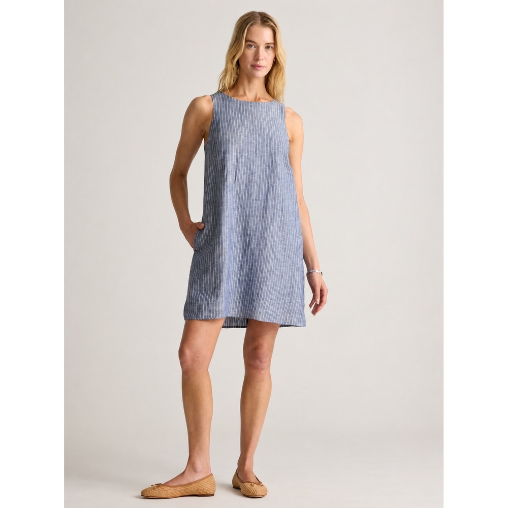 Quince 100% European Linen Striped Shift Dress Blue White L Coastal Quiet Luxury